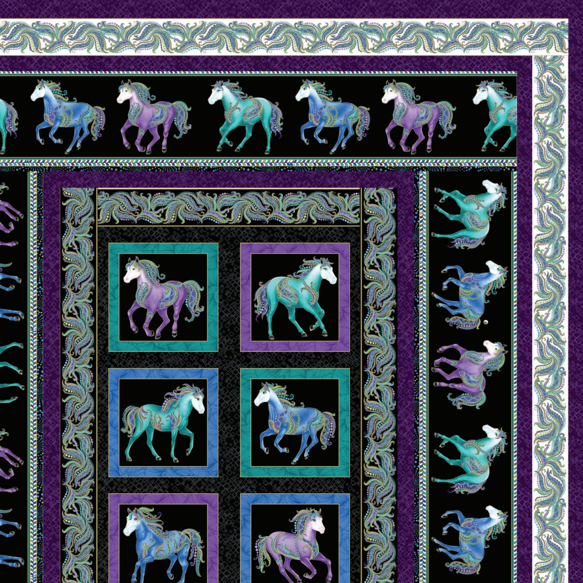 Hot to Trot quilt pattern 66" x78" showing a horse panel framed by purple and black stripe fabrics