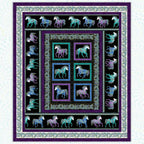 Hot to Trot quilt pattern 66" x78" showing a horse panel framed by purple and black stripe fabrics