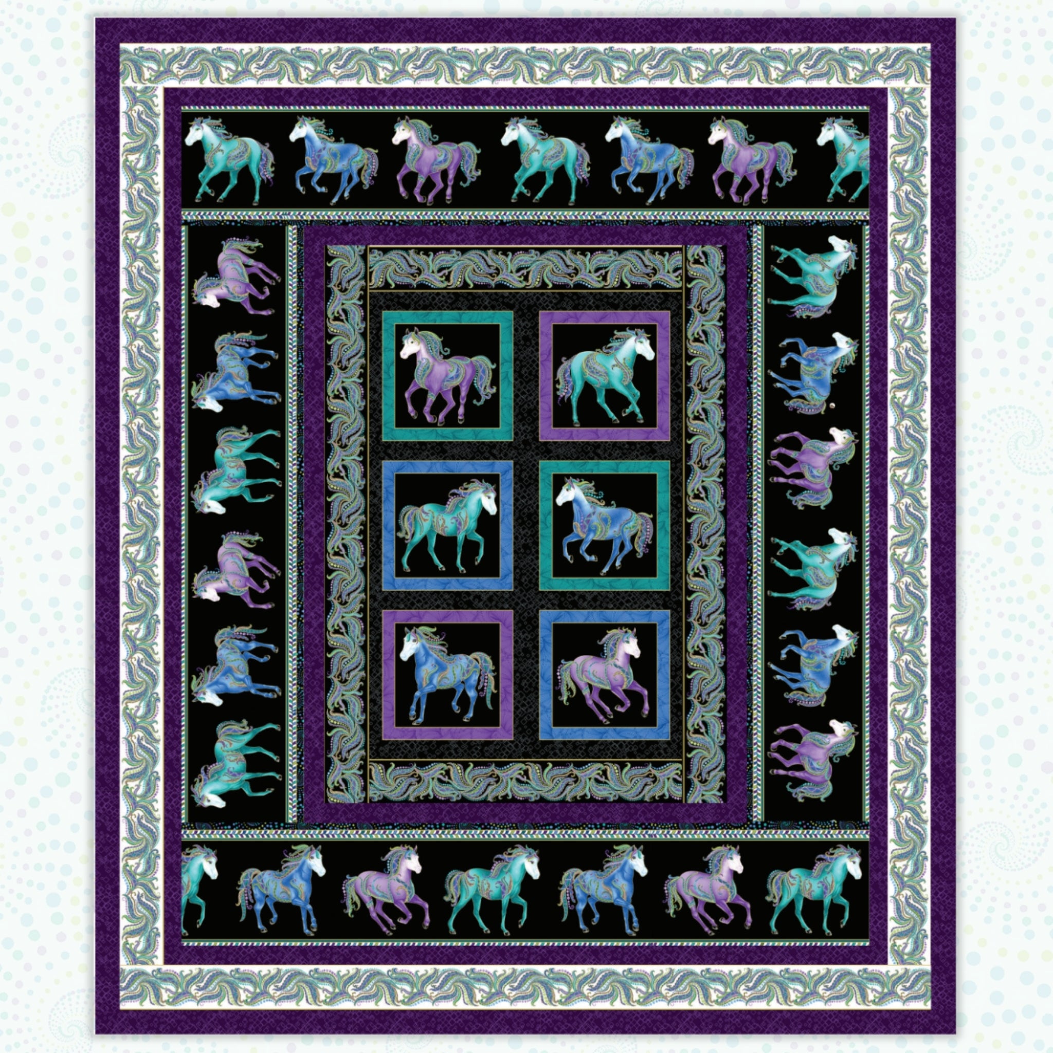 Hot to Trot quilt pattern 66" x78" showing a horse panel framed by purple and black stripe fabrics
