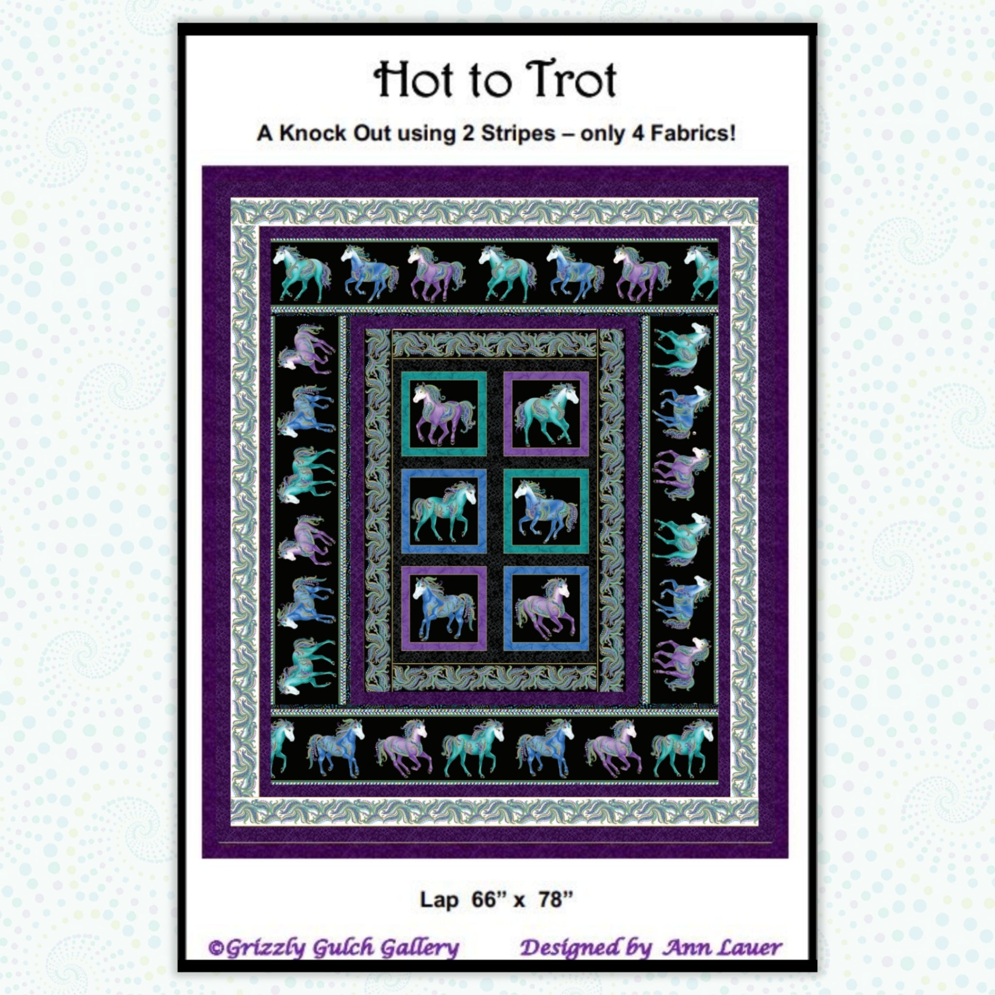 Hot to Trot quilt pattern 66" x78" showing a horse panel framed by purple and black stripe fabrics