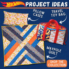 Hot Wheels quilt, pillowcase and toy bag project ideas using licensed race car fabric for boys