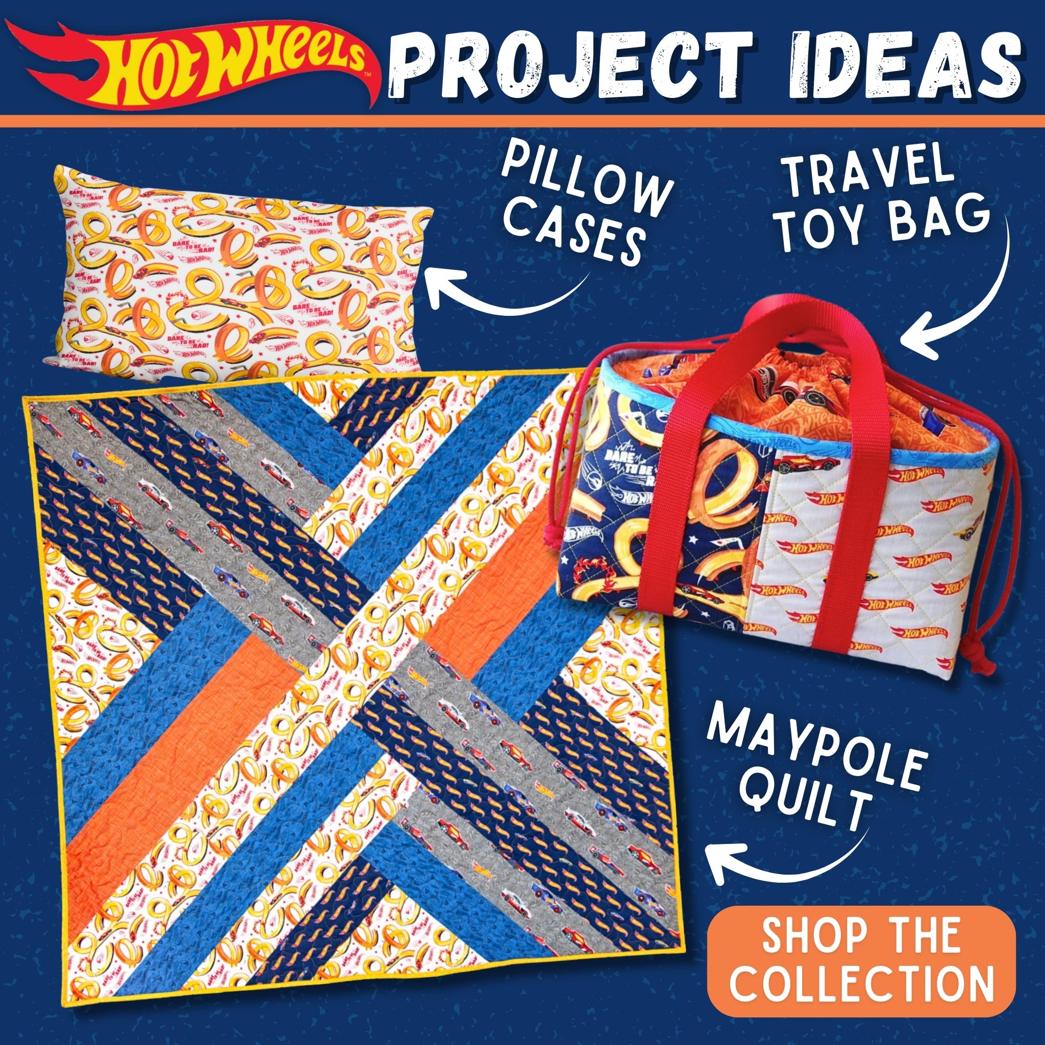 Hot Wheels quilt, pillowcase and toy bag project ideas using licensed race car fabric for boys