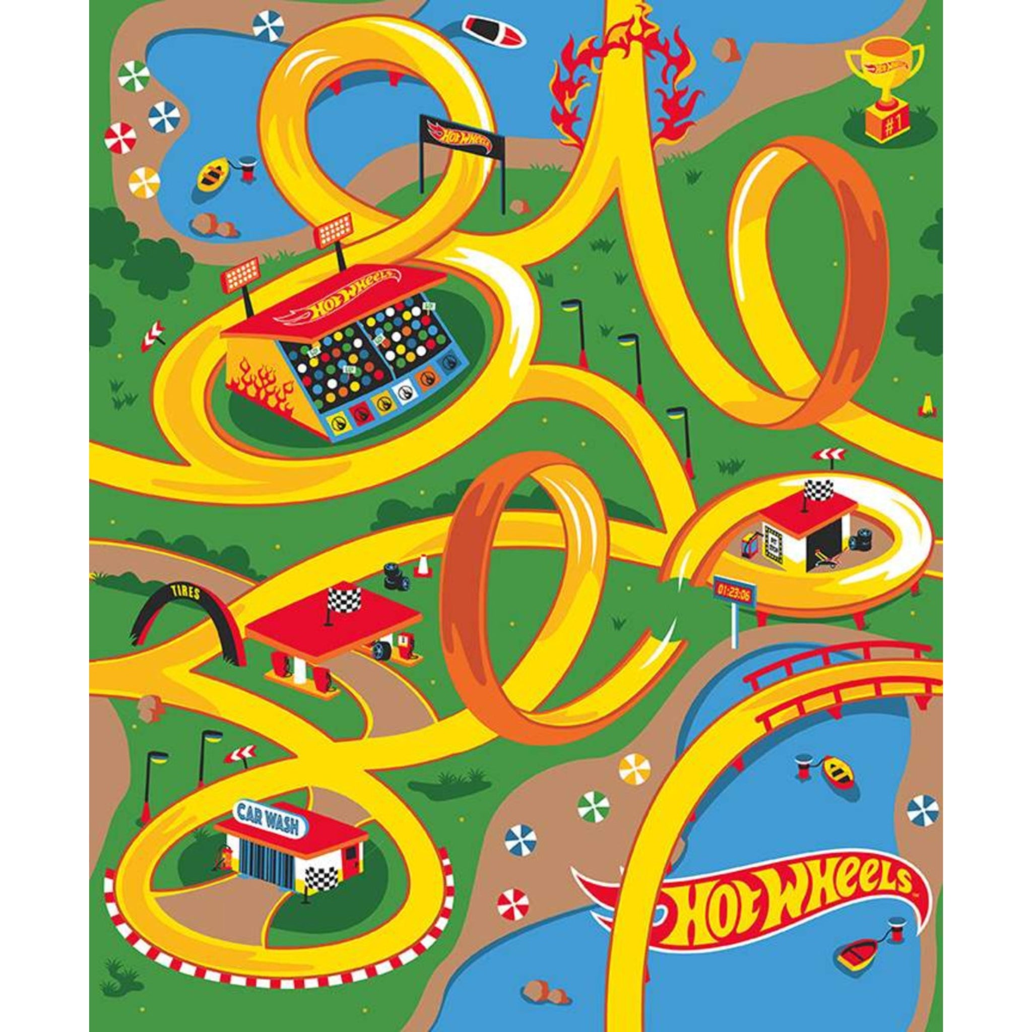 Hot Wheels colourful canvas panel with racing cars and race tracks for boys quilt projects