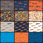 Collage of Hot Wheels logos, cars and race track fabric in navy, orange, blue, white and grey
