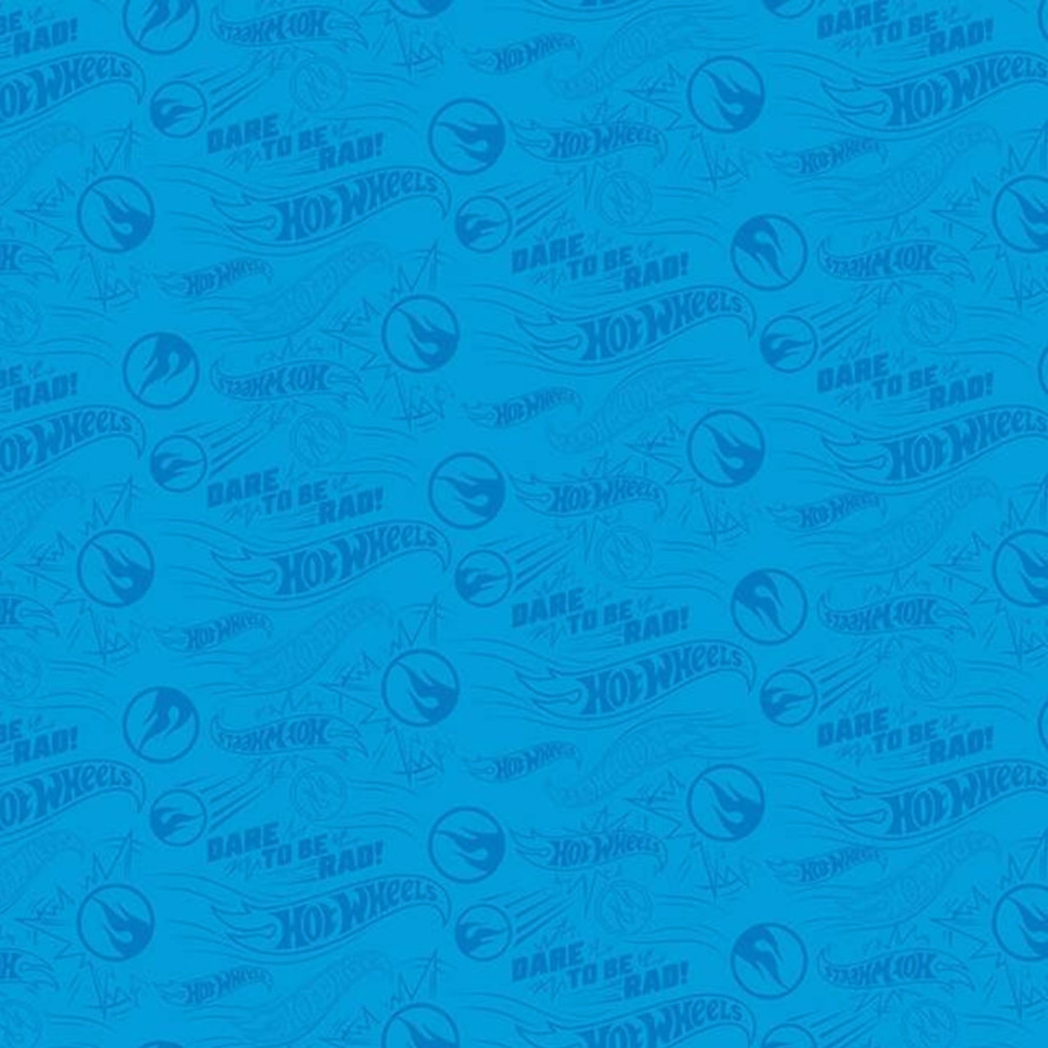Blue Hot Wheels fabric with Dare To Be Rad slogan and cars for kids projects
