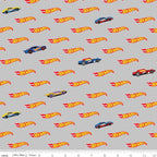 Hot Wheels fabric with cars and logos on gray background for boys quilts and backing