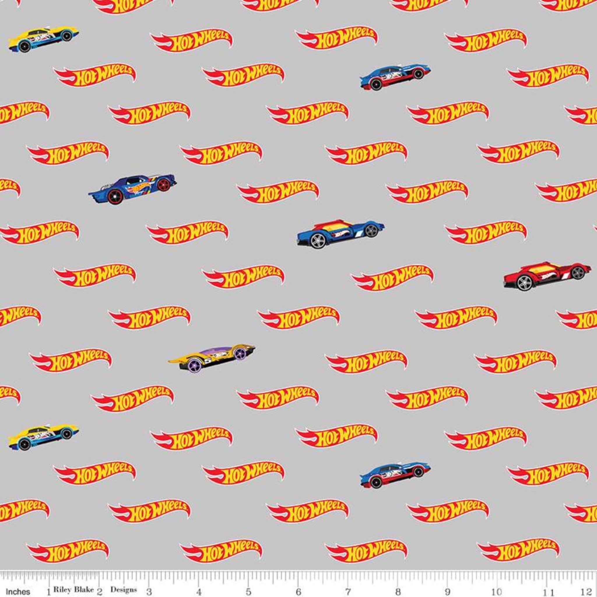 Hot Wheels fabric with cars and logos on gray background for boys quilts and backing