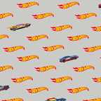 Hot Wheels logo and toy cars on gray quilting cotton