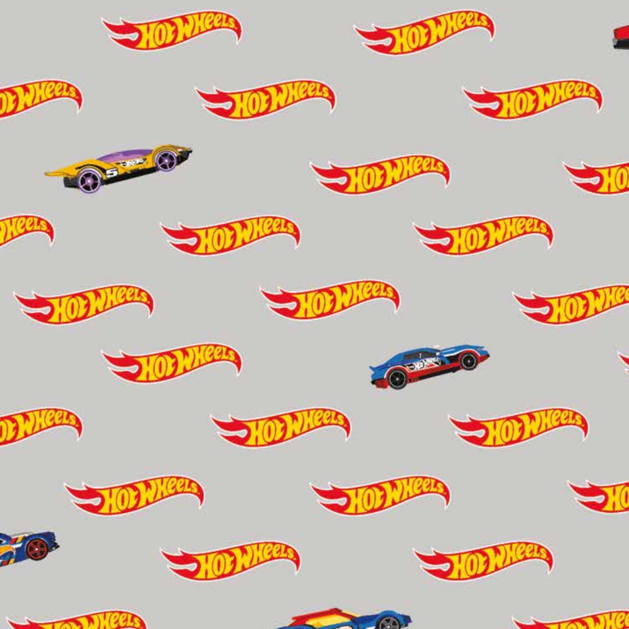 Hot Wheels logo and toy cars on gray quilting cotton