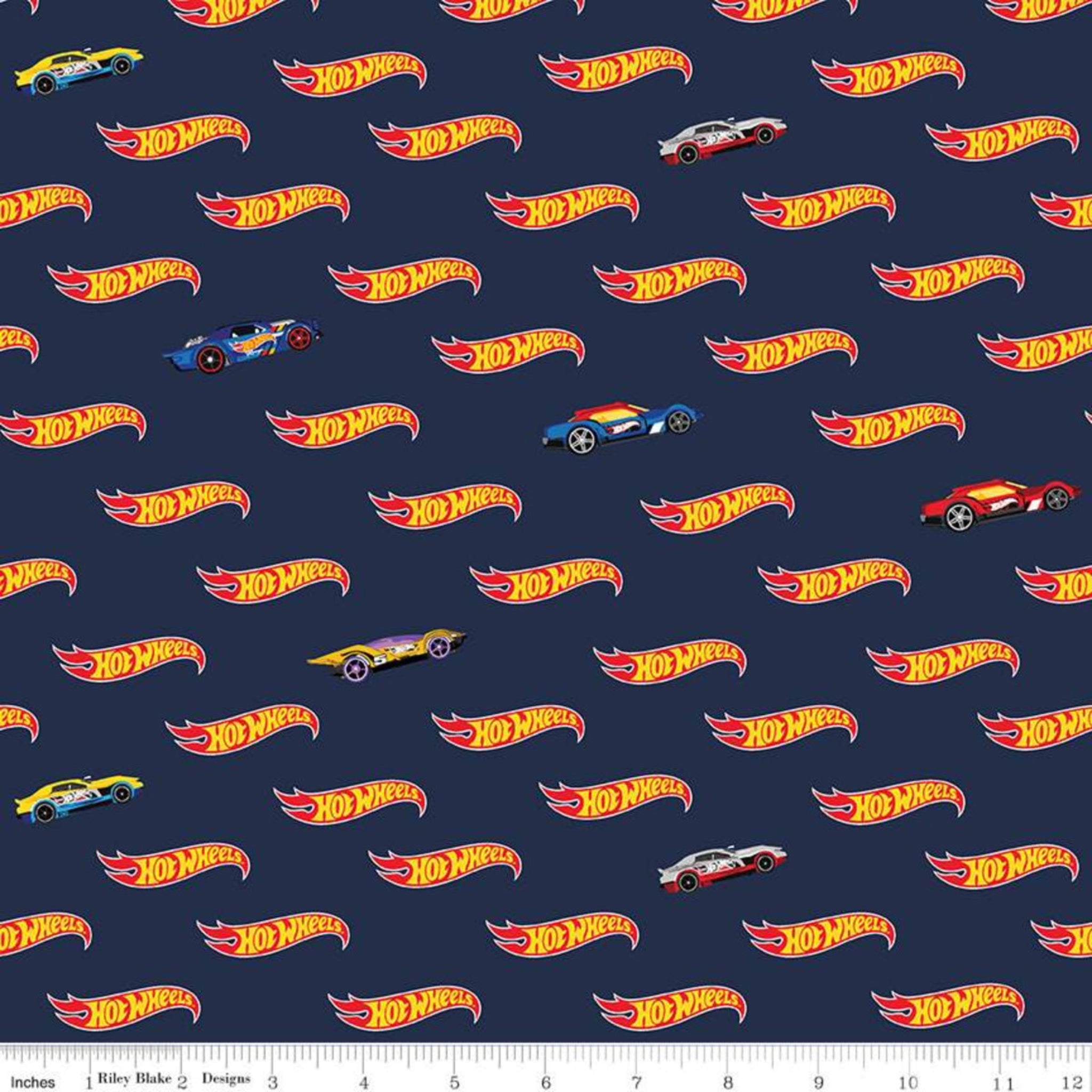 Hot Wheels pattern on a navy quilting cotton for boys quilts