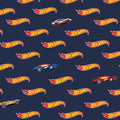 Hot Wheels pattern with cars and logos on navy blue quilting cotton for boys quilts