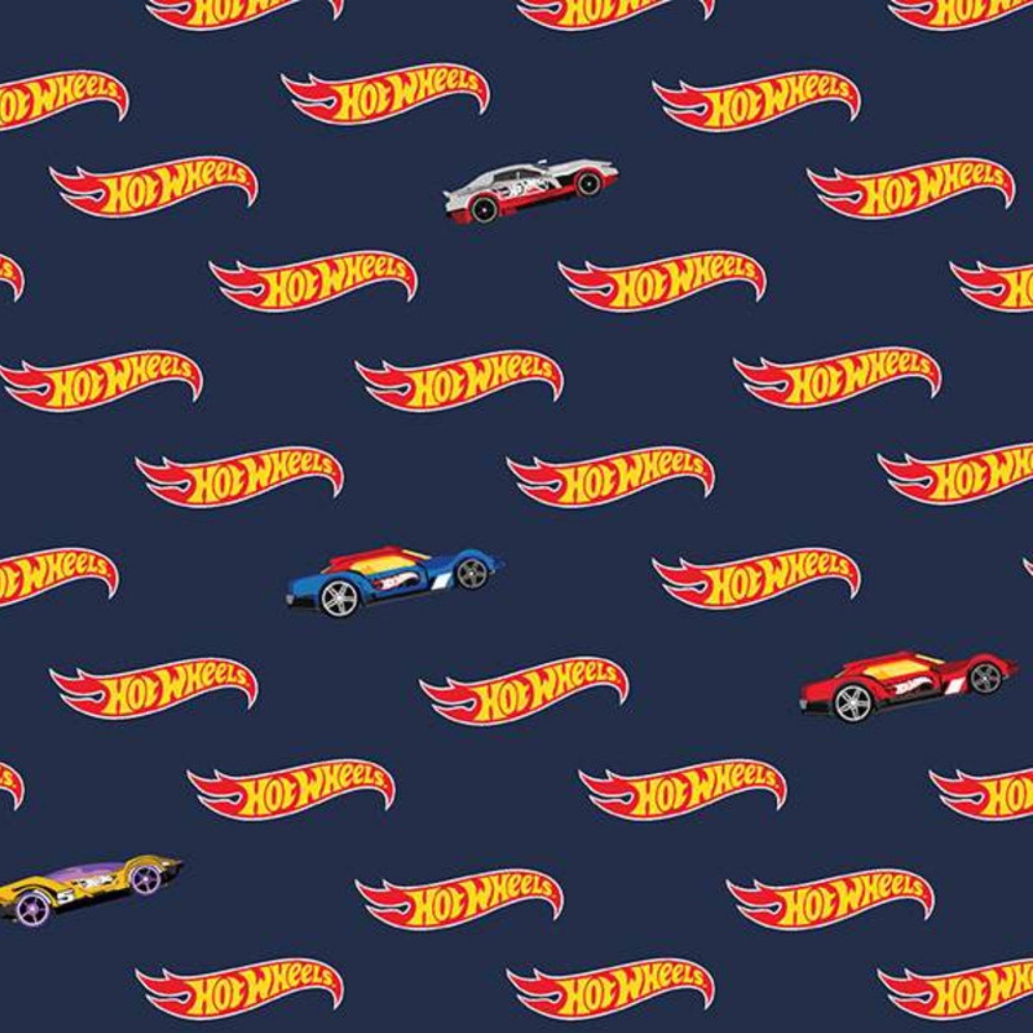 Hot Wheels pattern with cars and logos on navy blue quilting cotton for boys quilts