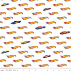 Hot Wheels pattern with cars and logo on a white quilting cotton background for boys