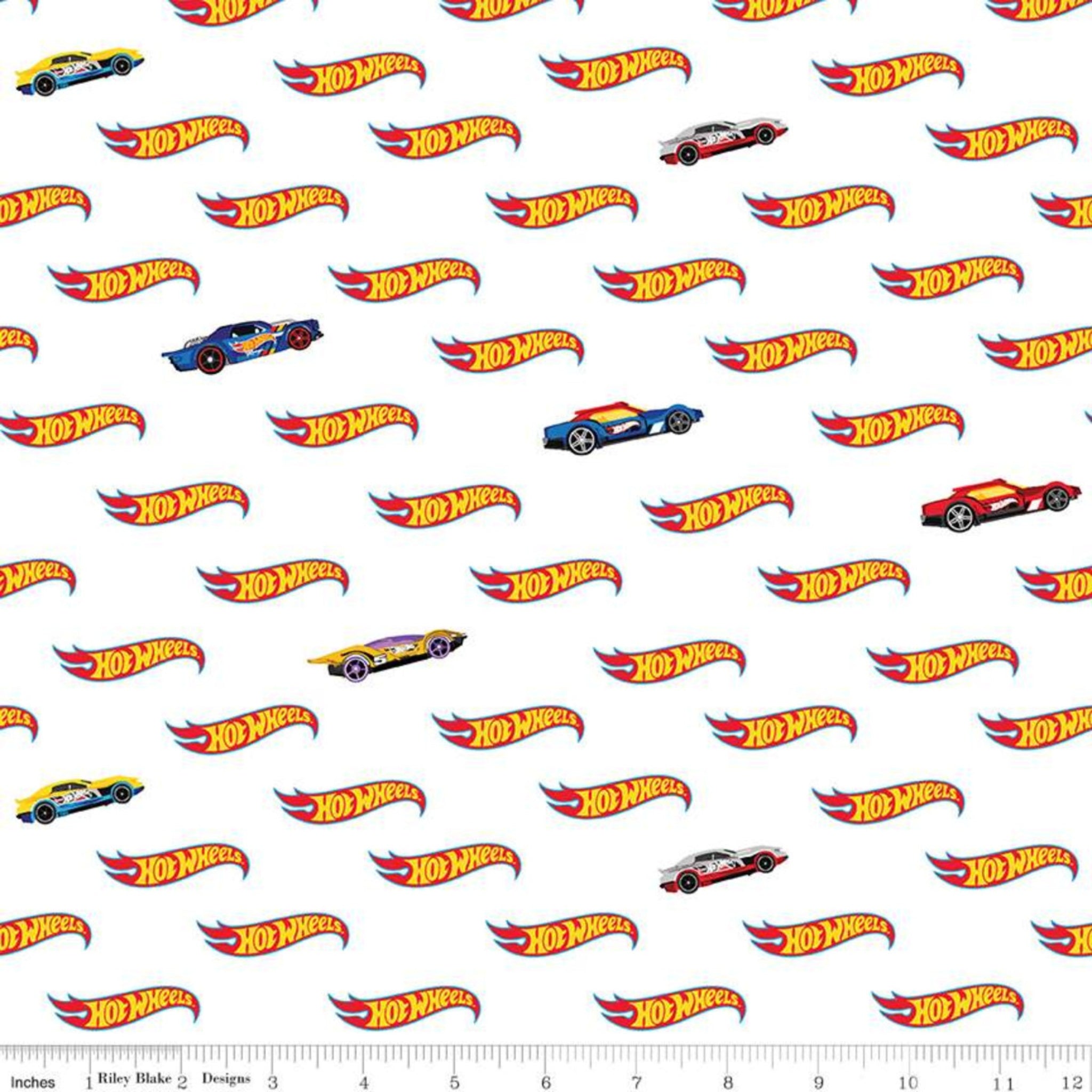 Hot Wheels pattern with cars and logo on a white quilting cotton background for boys