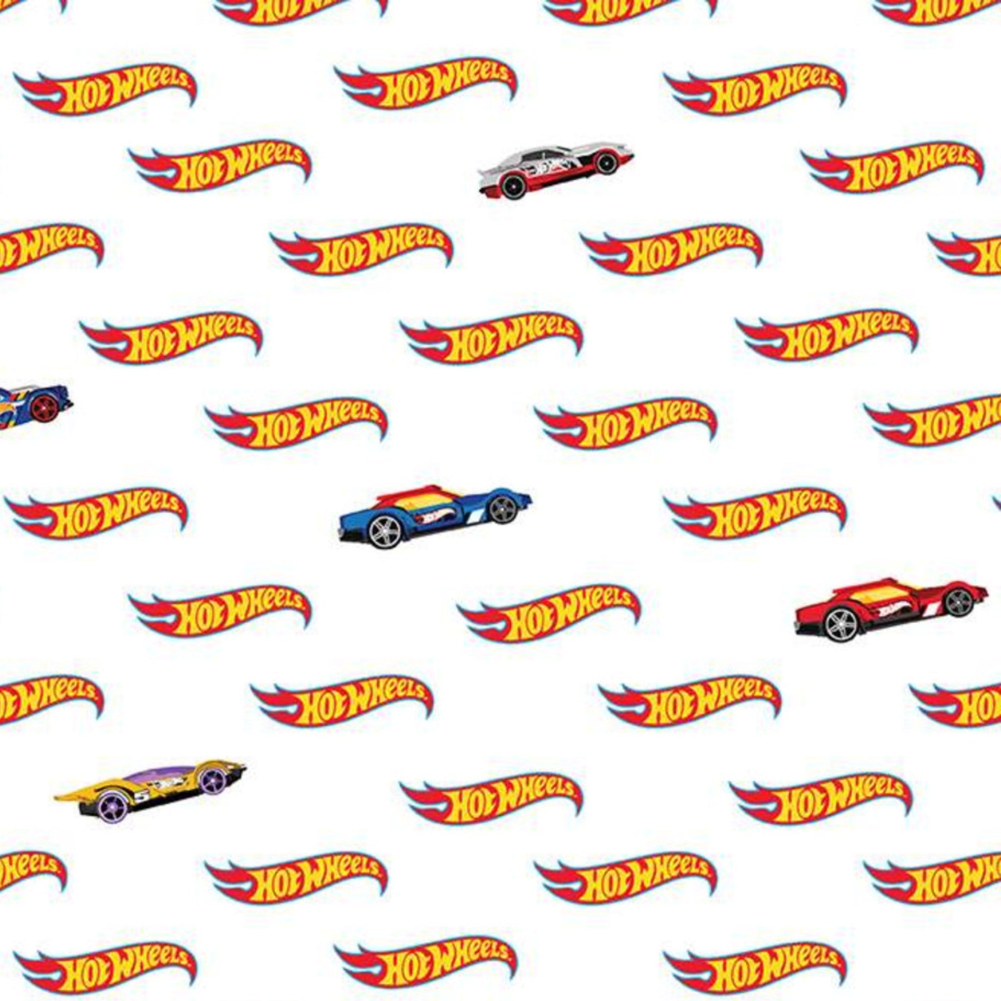 Pattern of Hot Wheels logos and cars on a white quilting cotton background