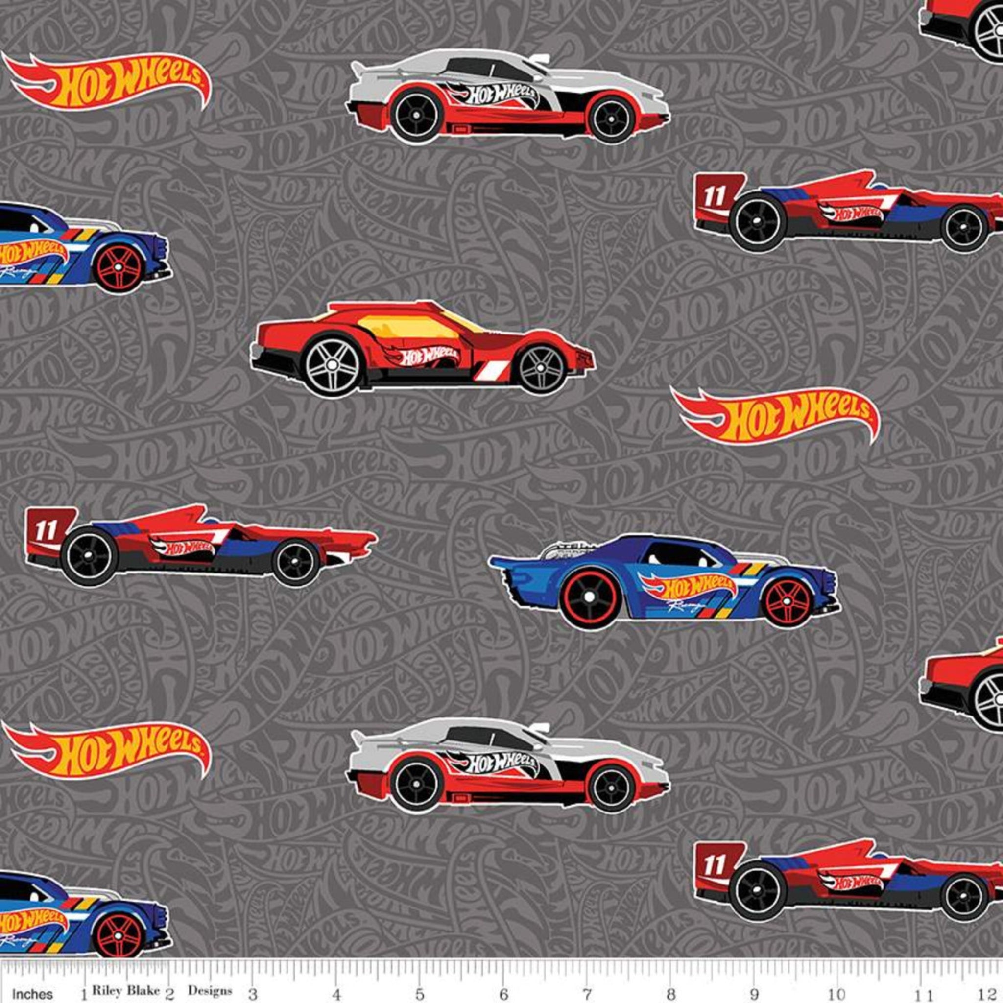 Grey Hot Wheels fabric with race cars and branding for kids projects
