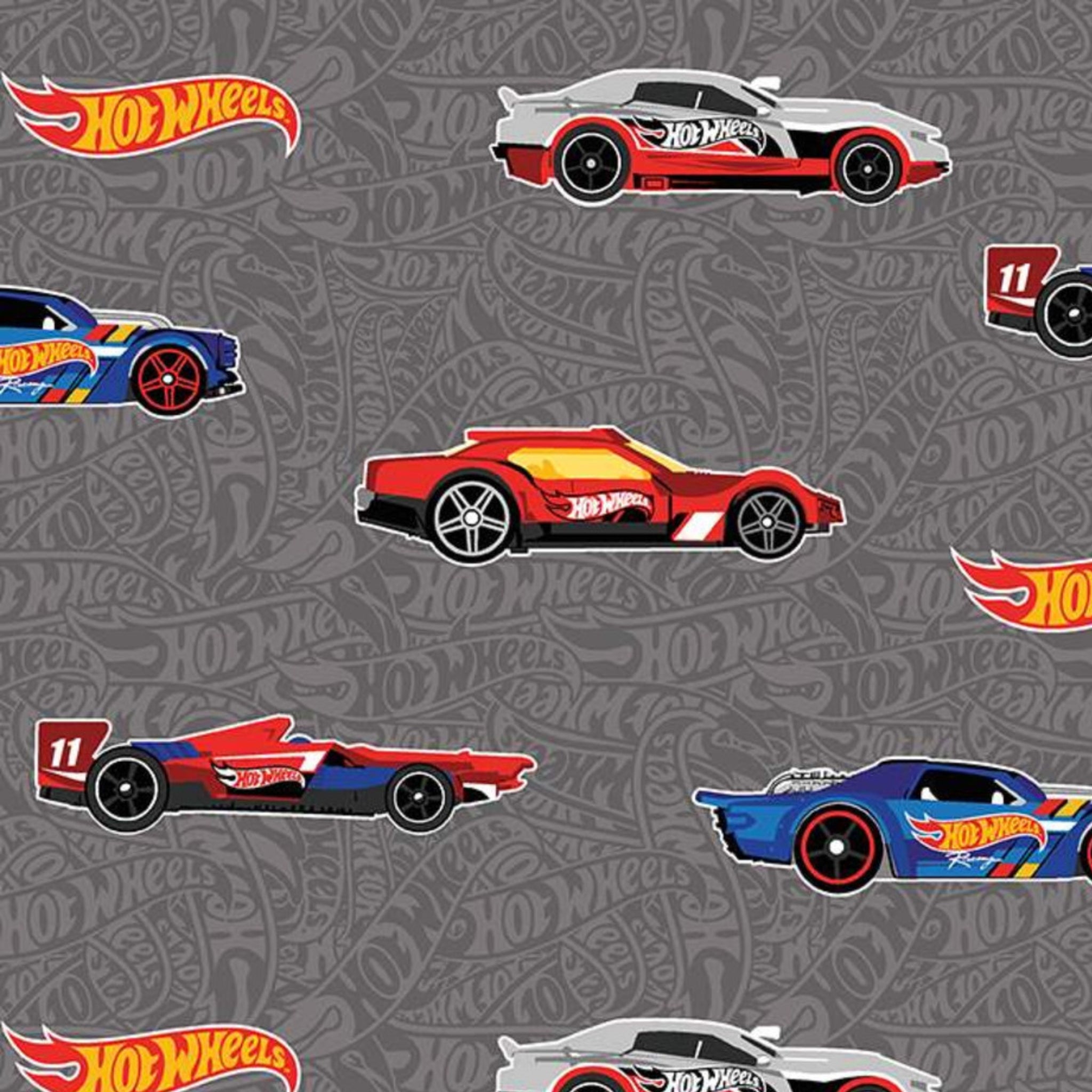 Hot Wheels race cars and logos on grey quilting cotton for boys quilts