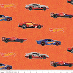 Orange Hot Wheels fabric with race cars and logos for kids projects