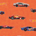 Hot Wheels race cars and logos on orange quilting cotton for boys quilts