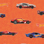 Hot Wheels race cars and logos on orange quilting cotton for boys quilts