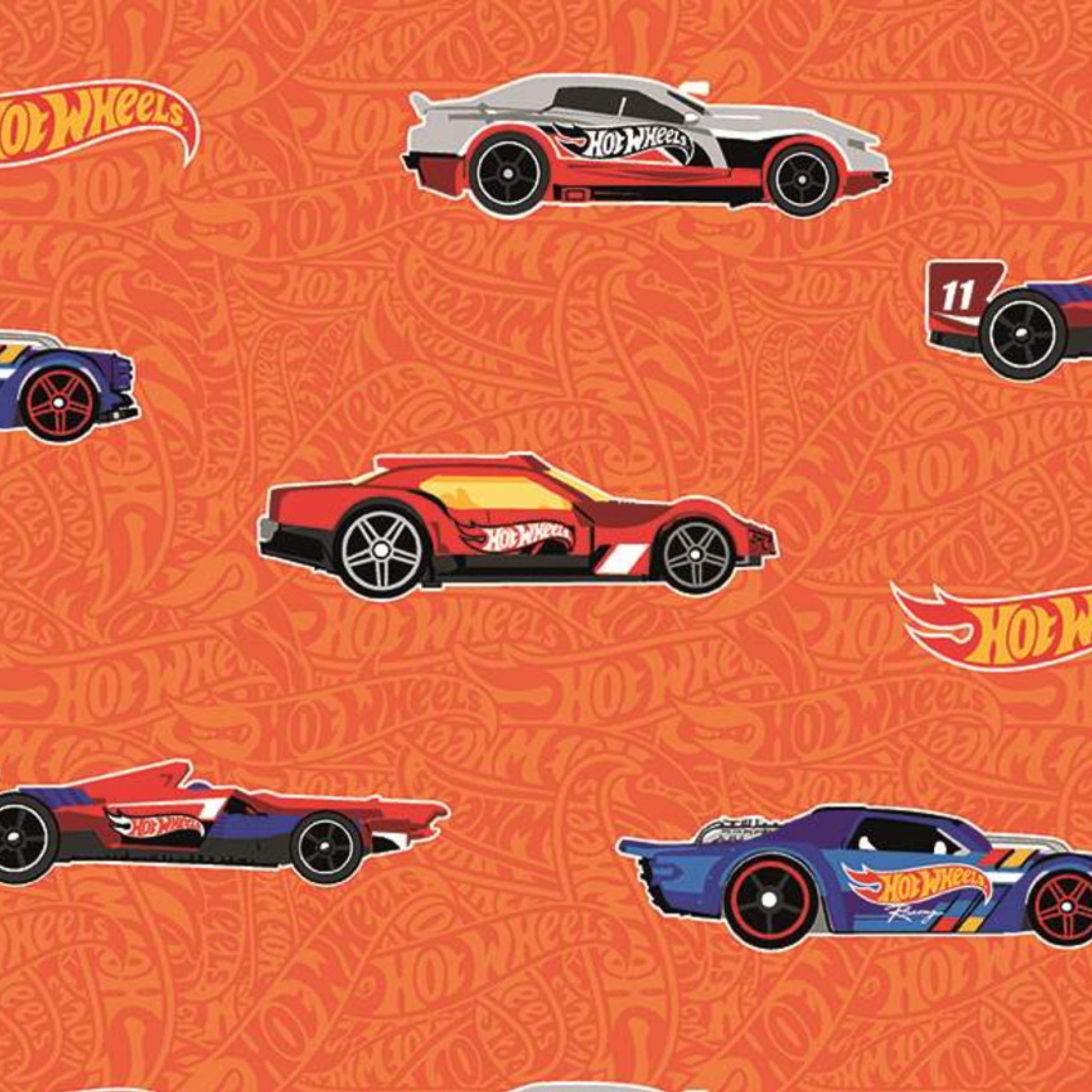 Hot Wheels race cars and logos on orange quilting cotton for boys quilts