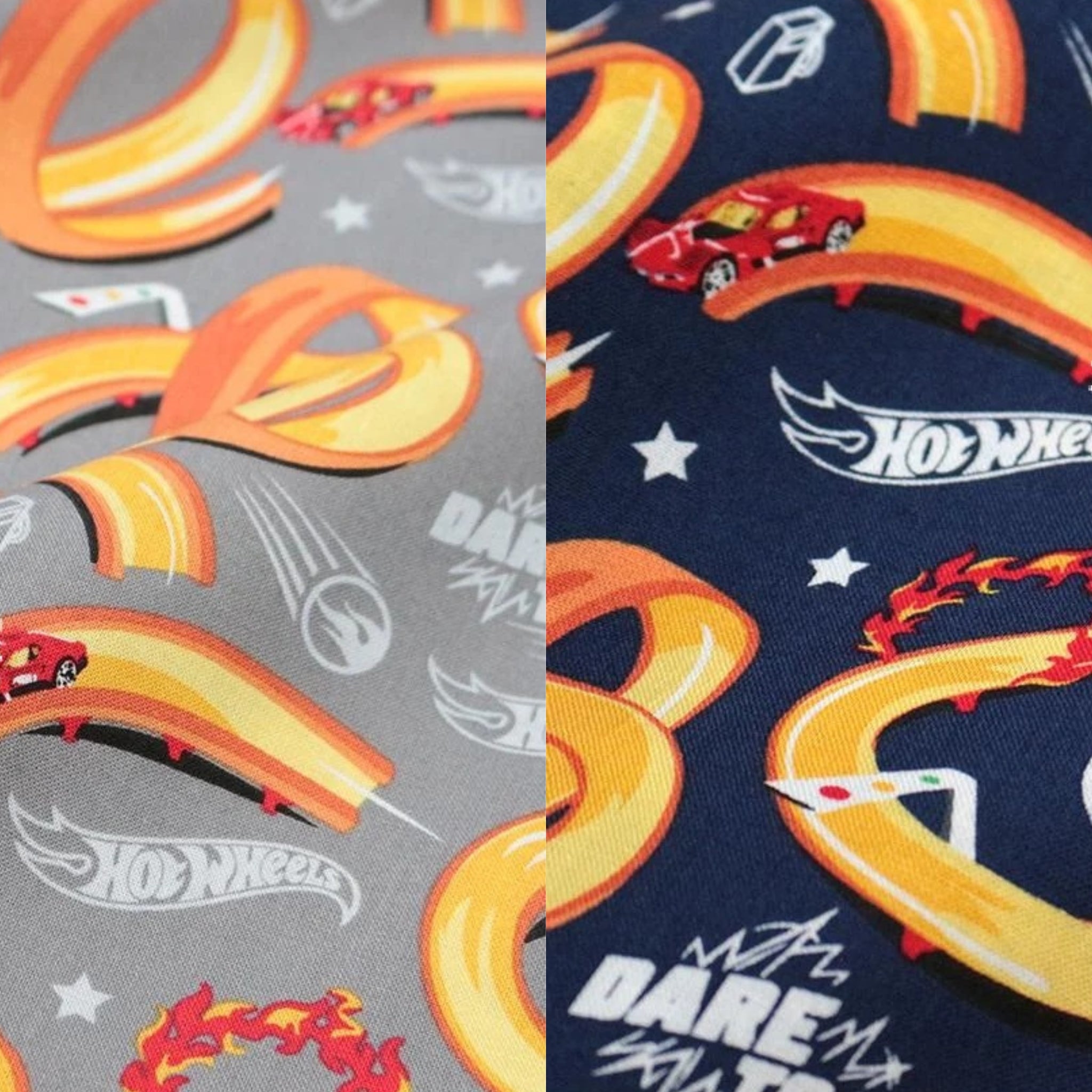 Two fabric patterns featuring Hot Wheels tracks and cars, one on gray and one on navy background.
