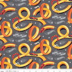 Hot Wheels racing track loops and race cars on grey quilting cotton for boys projects