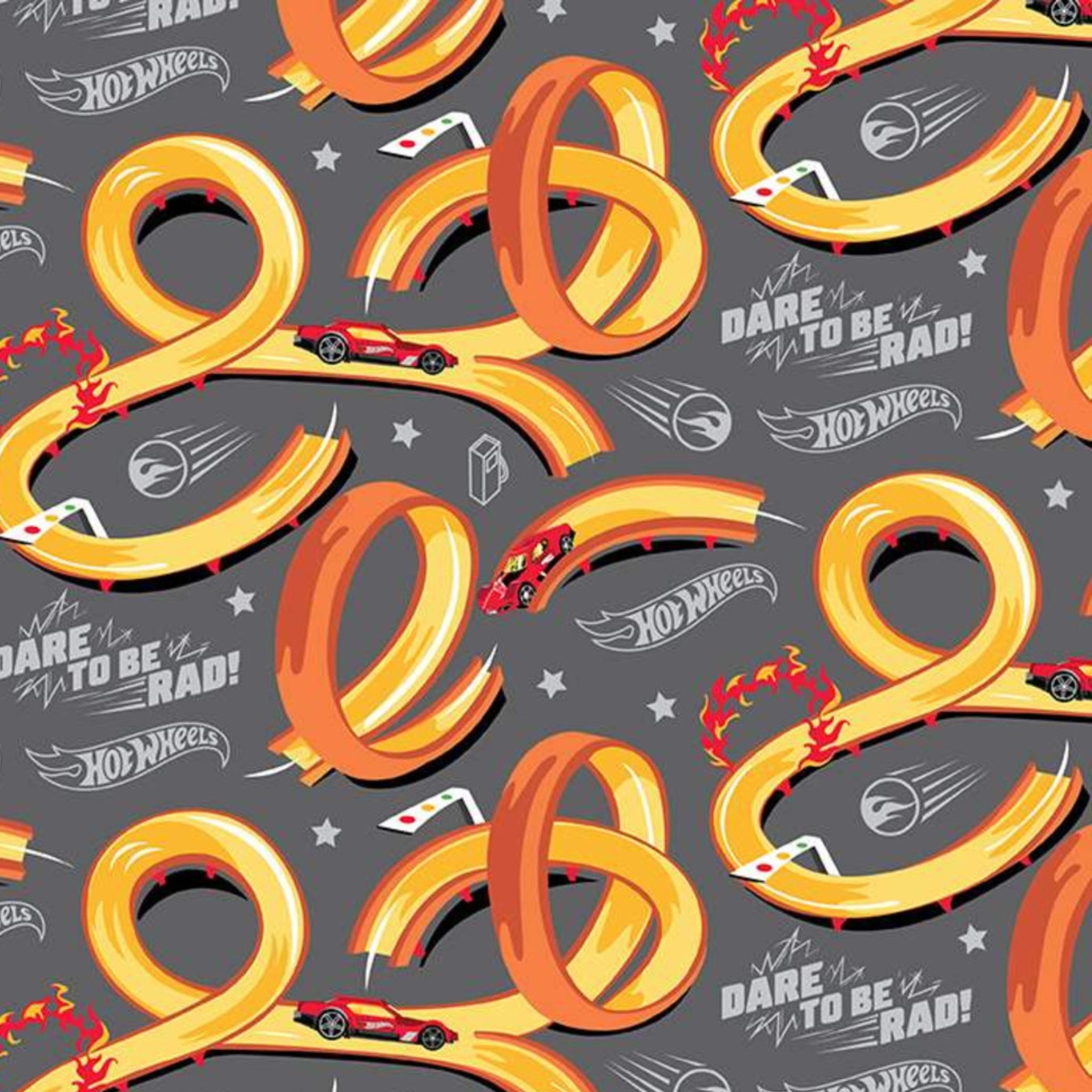 Grey Hot Wheels track pattern fabric with orange race loops and red cars for kids quilts