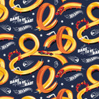 Navy Hot Wheels track pattern fabric with orange race loops for kids quilts