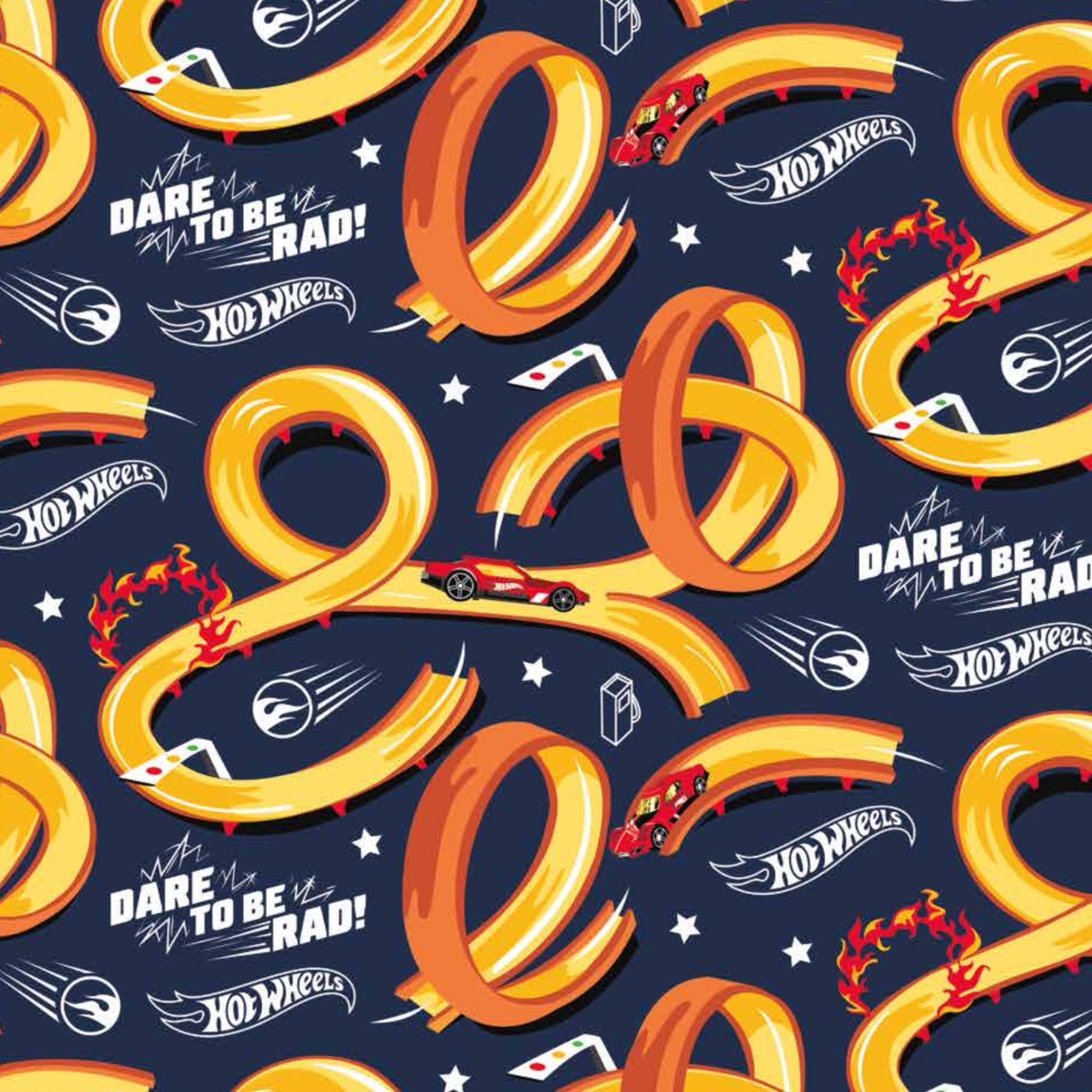 Navy Hot Wheels track pattern fabric with orange race loops for kids quilts