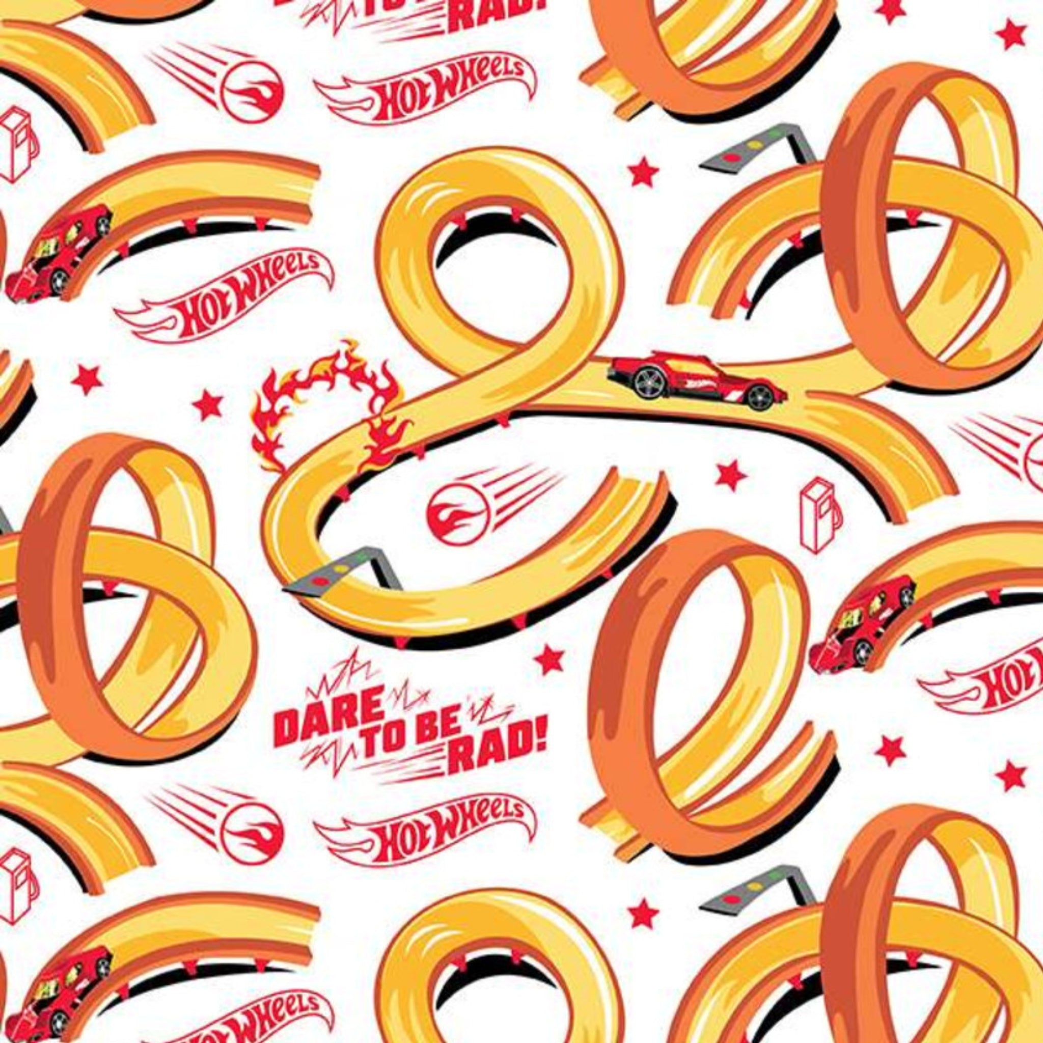 Hot Wheels white fabric with racing track design for boys quilting