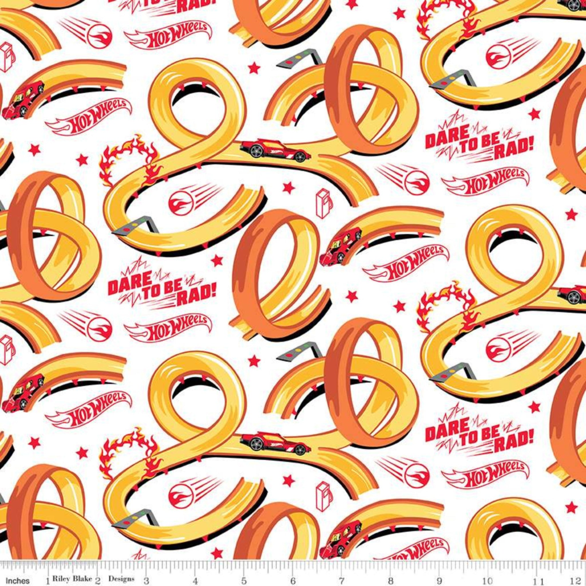 Hot Wheels racing track loops on white quilting cotton for boys projects