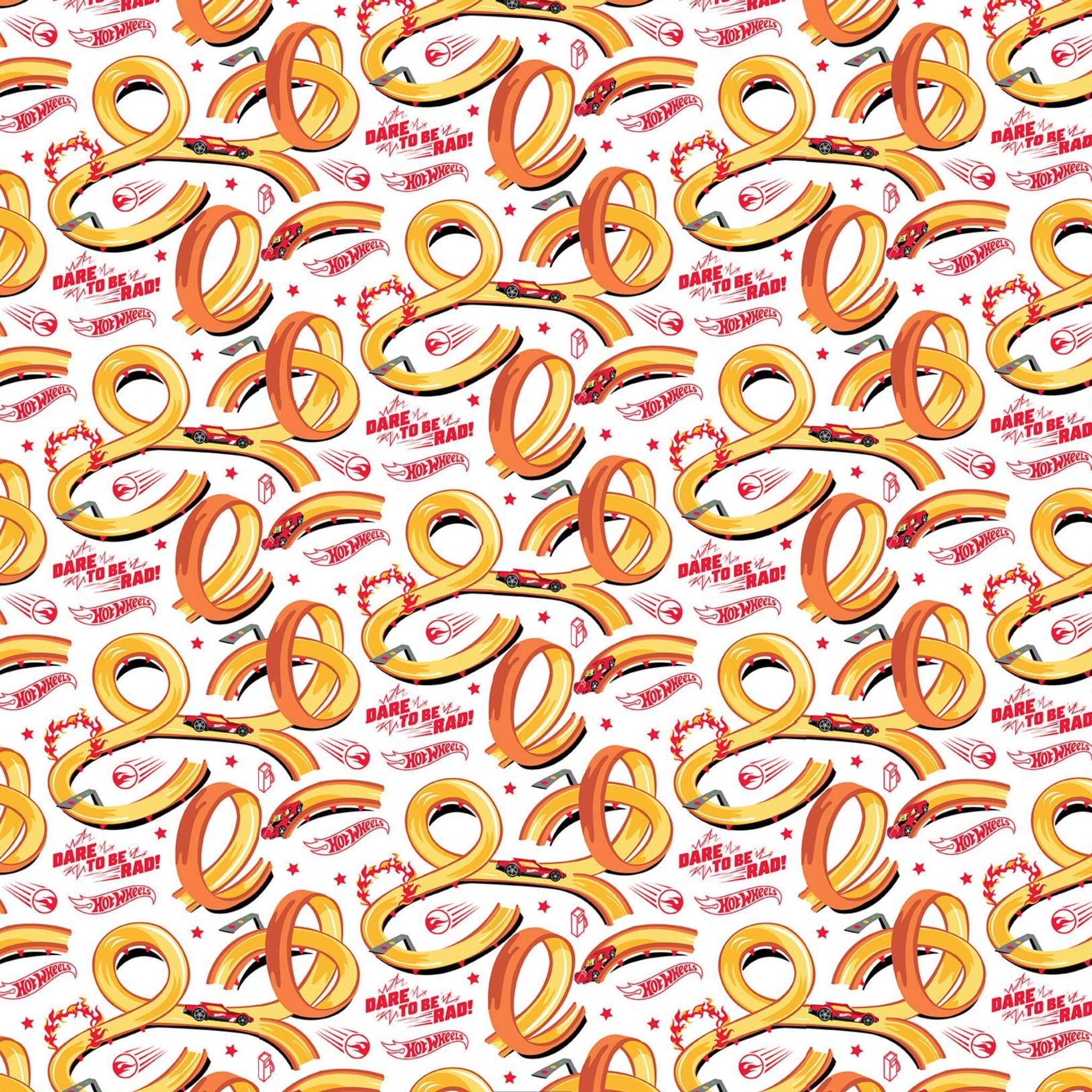 White Hot Wheels track pattern fabric with colorful race loops for kids quilts