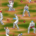 Novelty retro test cricket players batter ball wicket keeper green multi fabric for sports quilts cricket fan gifts and patchwork sewing projects