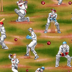 Novelty retro test cricket players batter ball wicket keeper green multi fabric for sports quilts cricket fan gifts and patchwork sewing projects