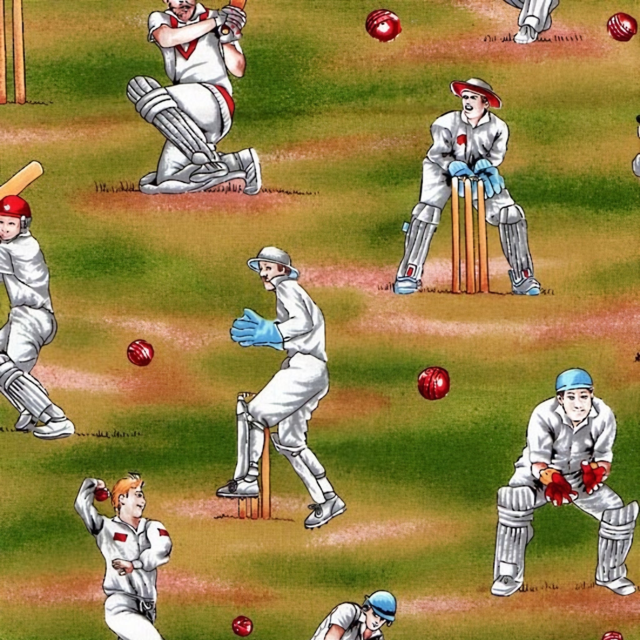 Novelty retro test cricket players batter ball wicket keeper green multi fabric for sports quilts cricket fan gifts and patchwork sewing projects