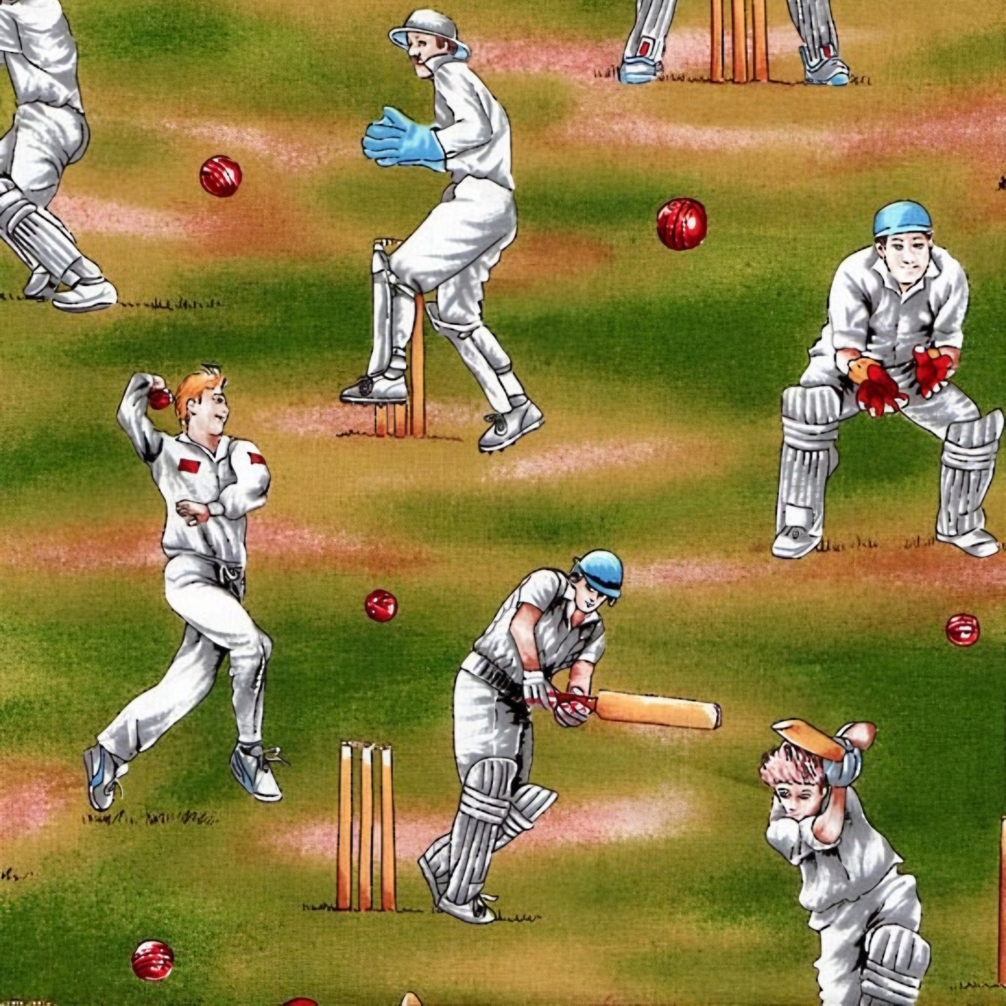 Novelty retro test cricket players batter ball wicket keeper green multi fabric for sports quilts cricket fan gifts and patchwork sewing projects