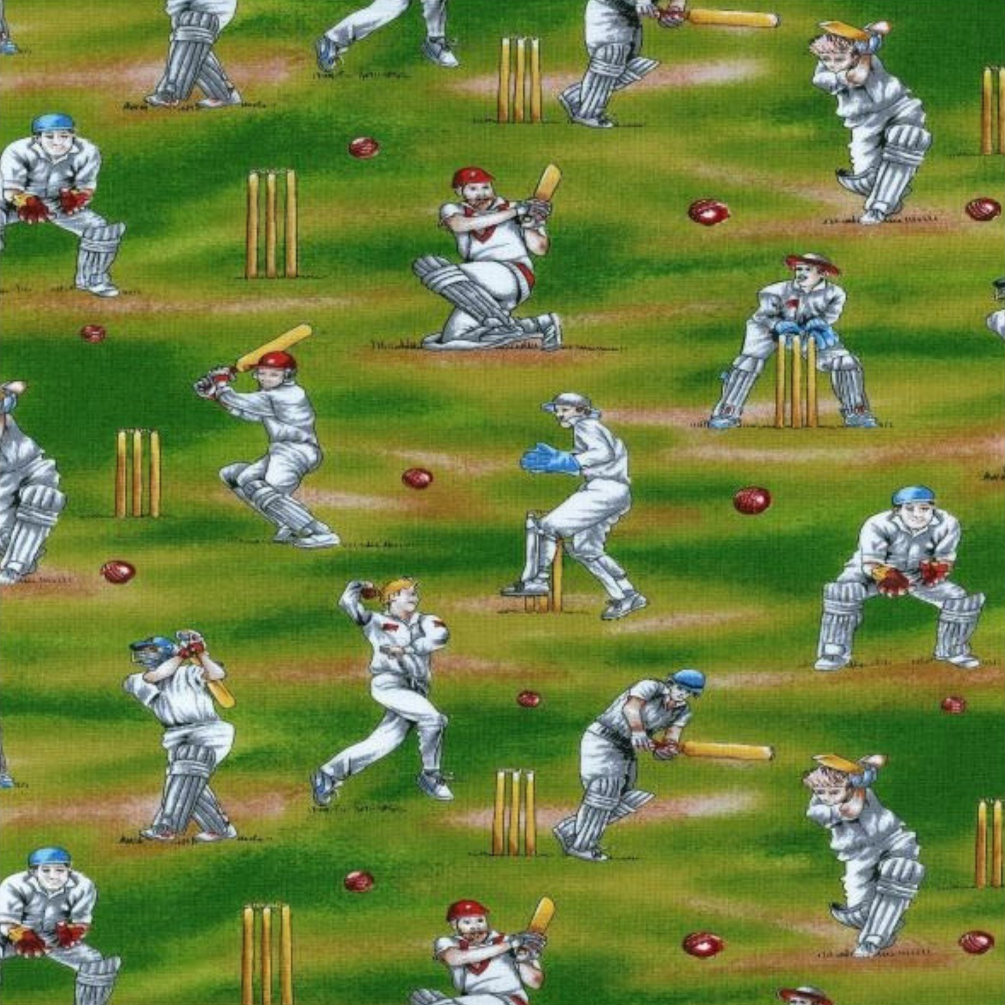 Novelty retro test cricket players batter ball wicket keeper green multi fabric for sports quilts cricket fan gifts and patchwork sewing projects