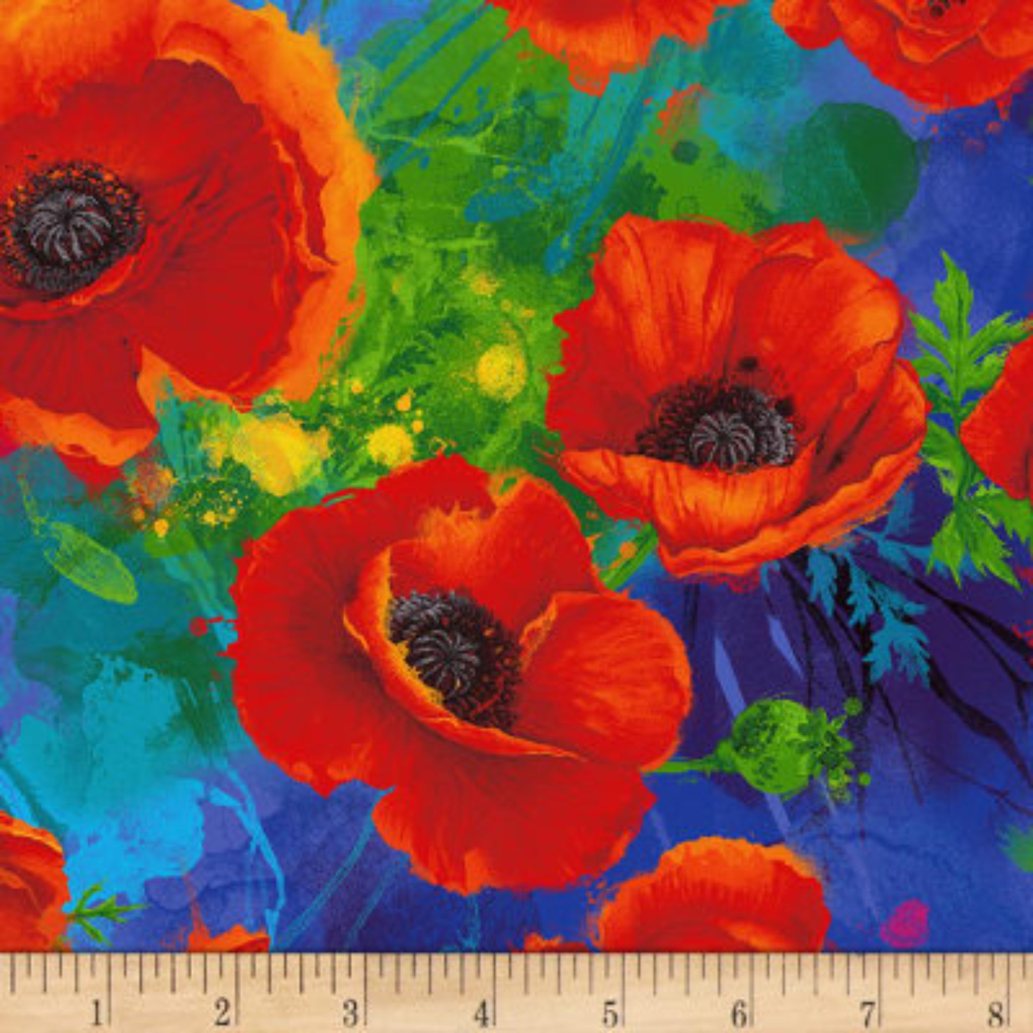 Large red poppies on royal blue background fabric for feature quilts and patchwork sewing projects
