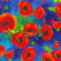 Red poppies on royal blue background fabric for feature quilts and patchwork sewing projects