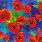 Red poppies on royal blue background fabric for feature quilts and patchwork sewing projects