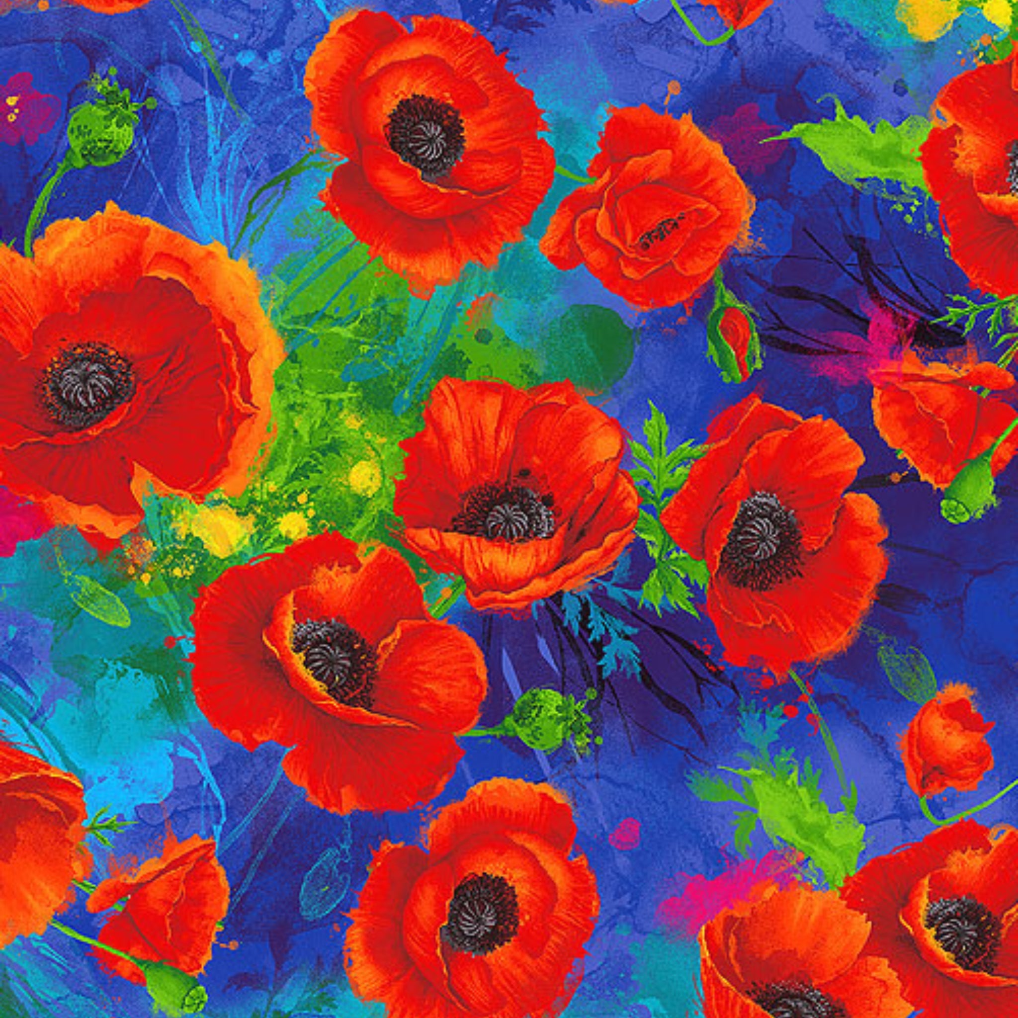 Red poppies on royal blue background fabric for feature quilts and patchwork sewing projects