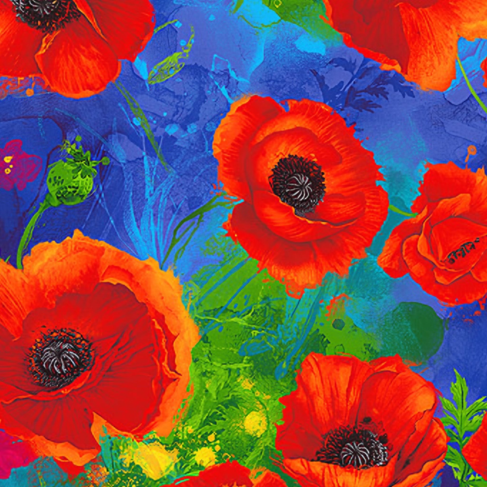 Large painted red orange poppy floral digital print royal blue background fabric for feature quilts bags and bold patchwork sewing projects