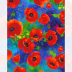 Large painted red orange poppy floral digital print royal blue background fabric for feature quilts bags and bold patchwork sewing projects