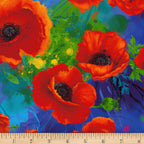 Large painted red orange poppy floral digital print royal blue background fabric for feature quilts bags and bold patchwork sewing projects