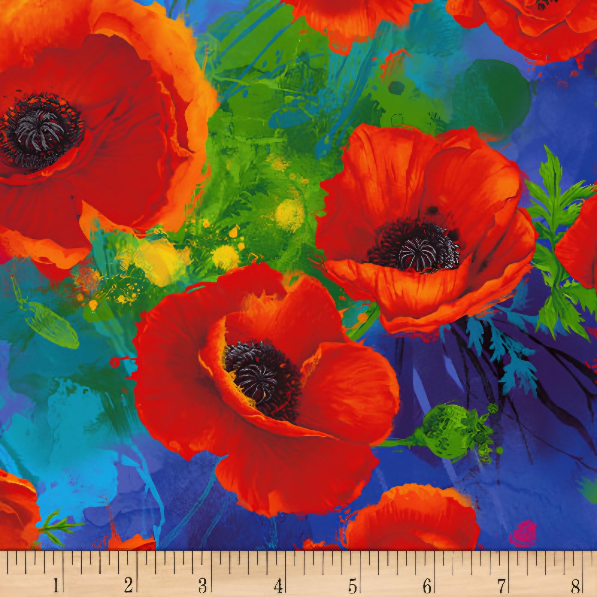 Large painted red orange poppy floral digital print royal blue background fabric for feature quilts bags and bold patchwork sewing projects