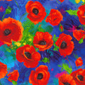 Large painted red orange poppy floral digital print royal blue background fabric for feature quilts bags and bold patchwork sewing projects