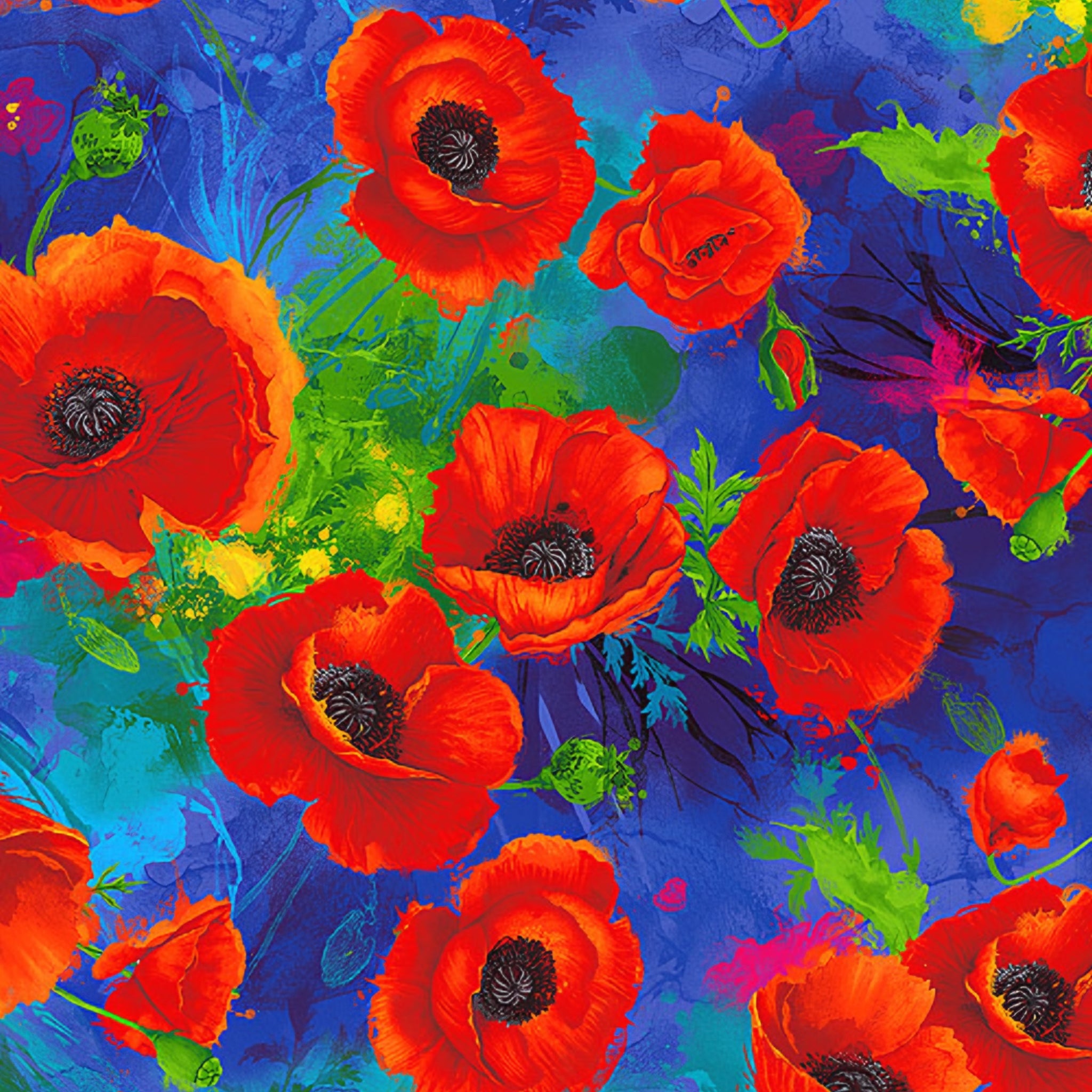 Large painted red orange poppy floral digital print royal blue background fabric for feature quilts bags and bold patchwork sewing projects