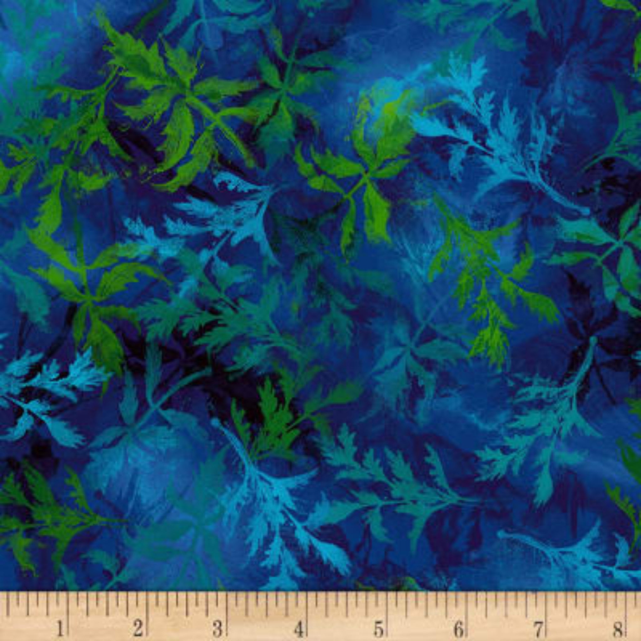 Fern leaves cobalt blue turquoise lime green fabric digitally printed for modern quilts and patchwork sewing projects