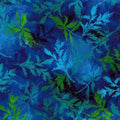 Fern-like leaves in cobalt blue turquoise and lime green fabric for modern quilts and patchwork sewing projects